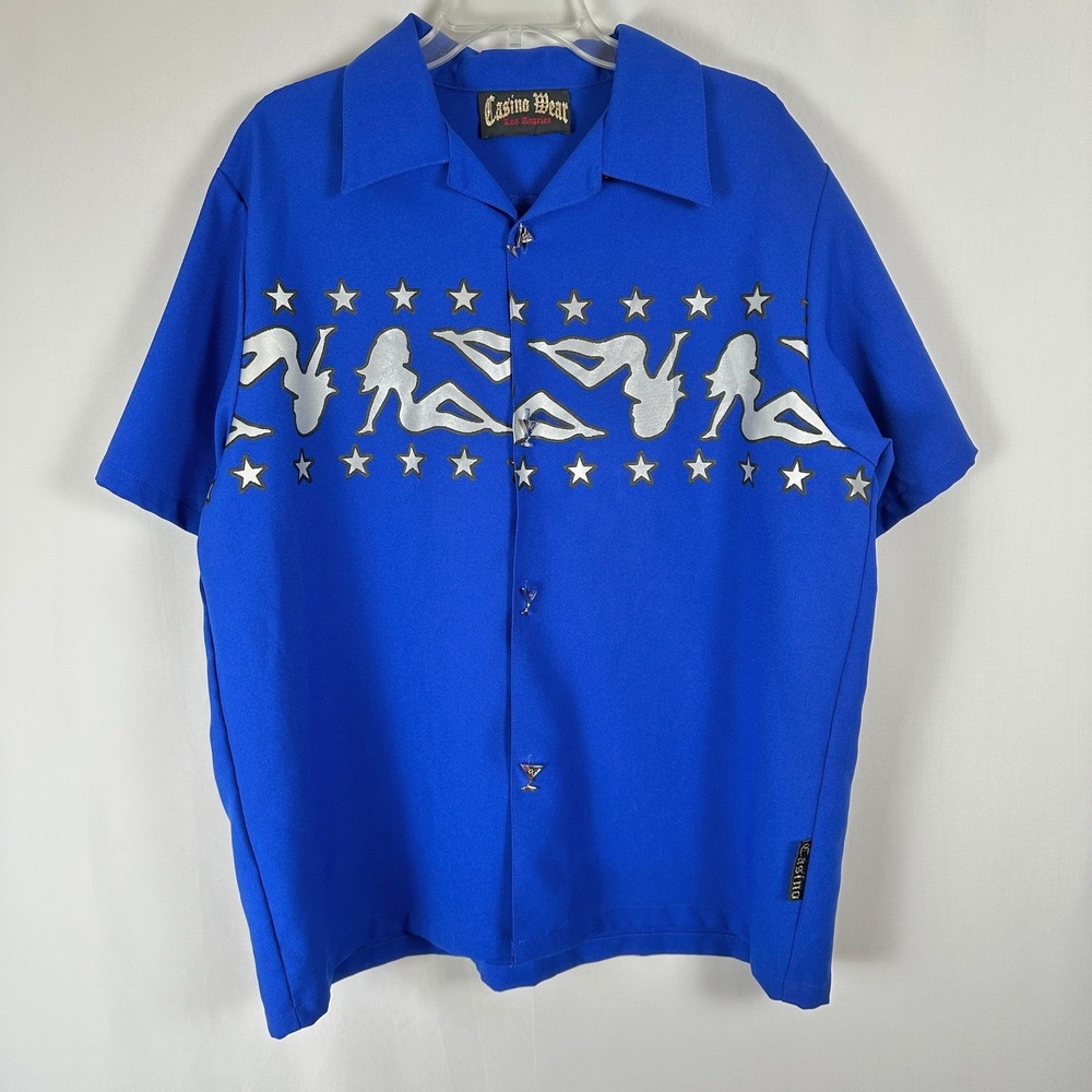 Casino Wear Los‎ Angeles Shirt Mens XL Blue Pinup Stars Martini Glasses Buttons